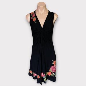 Johnny Was Los Angeles Small Black Sleeveless V-Neck Floral Embroidered Dress